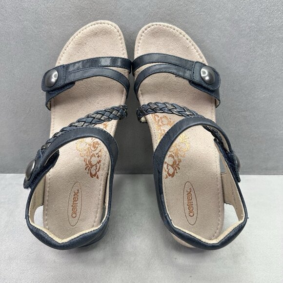 Aetrex Naya Womens Size 9-9.5 Sandals Navy Braided Leather Quarter Strap Wedge - Picture 6 of 8